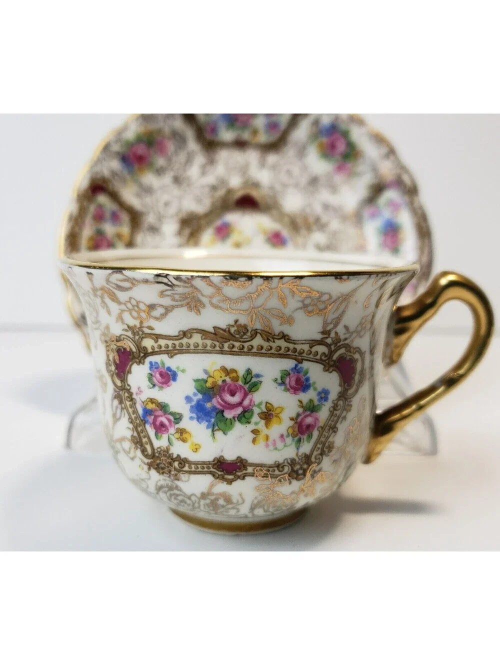 Vintage James Kent Demitasse Teacup & Saucer Pompadour England Gold Floral